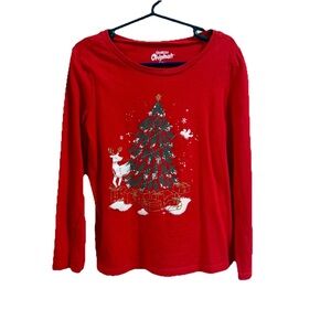 OshKosh B'gosh Festive Red Long Sleeve Tee Girls Sz 7 Christmas tree reindeer